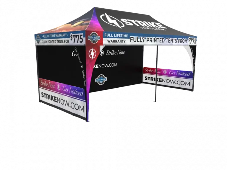 magnesium 20×10 tent frame with single-sided backwall, double-sided half walls and fully custom leg covers