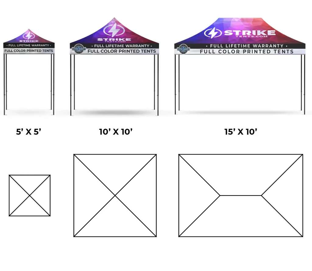 printed pop-up canopy sizes 5x5, 10x10, 15x10
