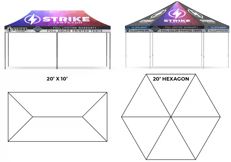 printed pop-up canopy sizes 20x10, 20x20 hexagon