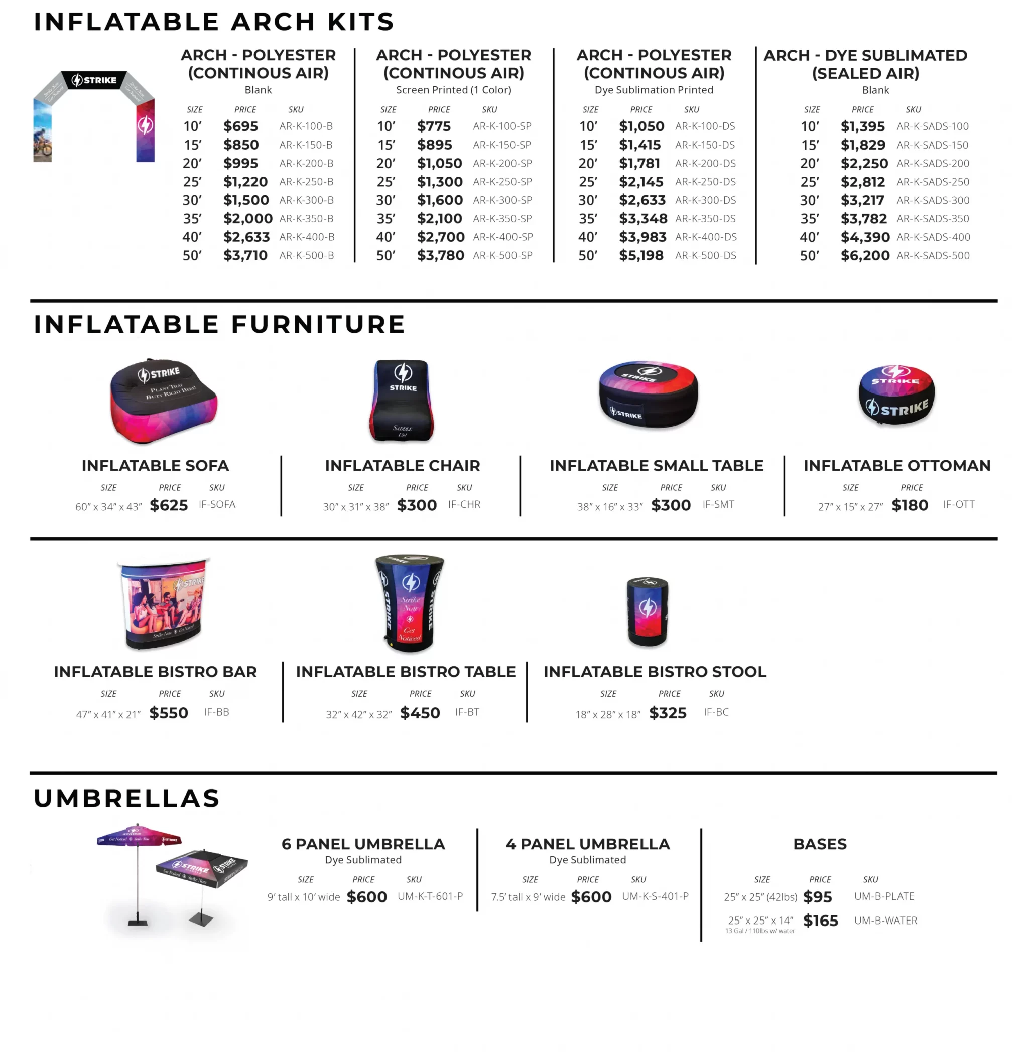 resellers pricing guide for inflatable arch kits, inflatable furniture, umbrellas