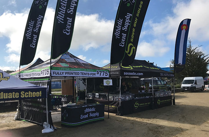 trade show booths with flags