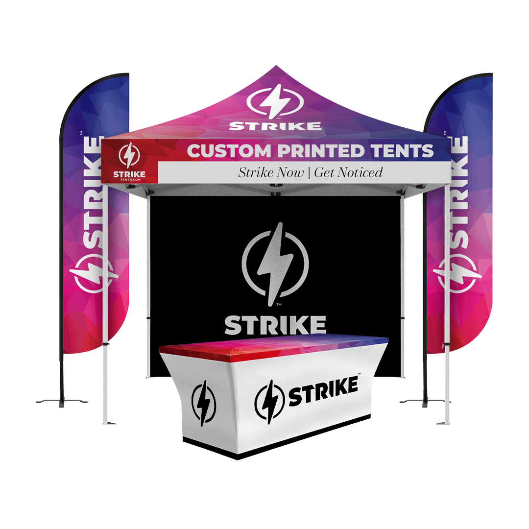strike 10×10 outdoor tent, two feather flag and a table cover