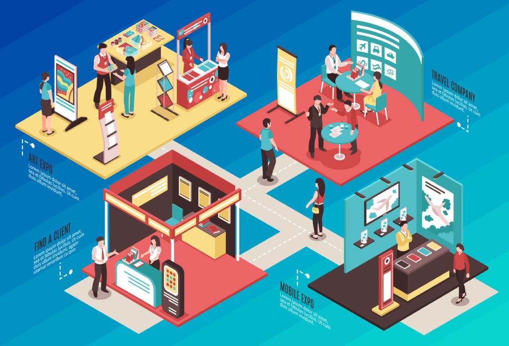 exhibition of vendor booth display trends  illustration, featuring people interacting with products.